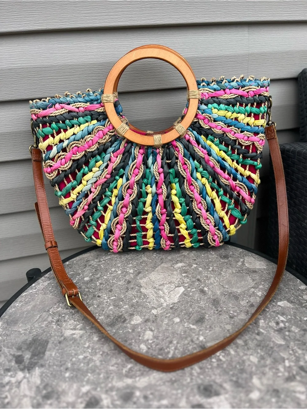 Patricia Nash Multicolor Braided Straw Shoulder Bag with Wooden Ring Handles